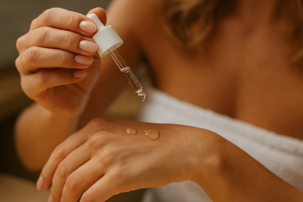 Mujer aplicando sérum facial con pipeta en el dorso de su mano izquierda, representación del uso del mejor retinol 2025 en rutina de cuidado de la piel.