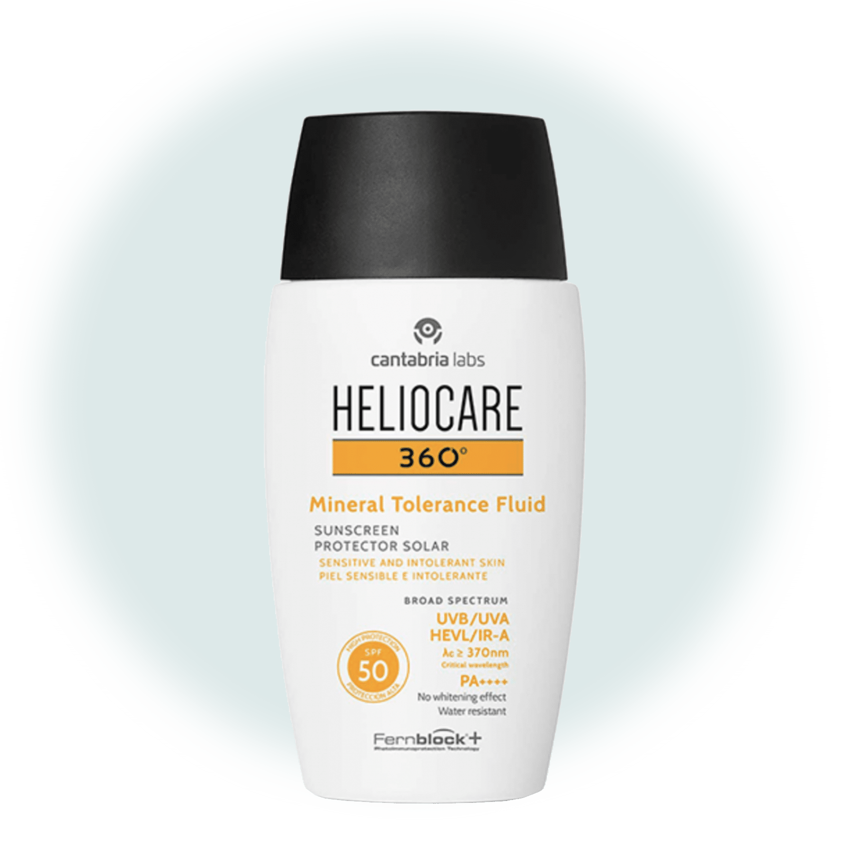 Fotoprotector Heliocare 360 Mineral Tolerance Fluid SPF50 para piel sensible.
