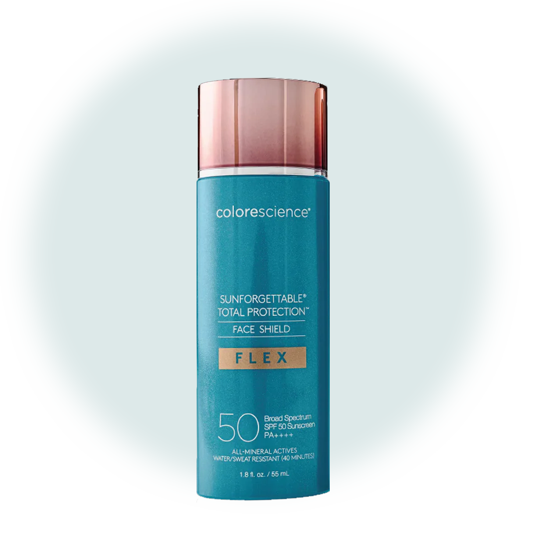Fotoprotector mineral Colorescience Total Protection Face Shield Flex SPF50 con color adaptable.