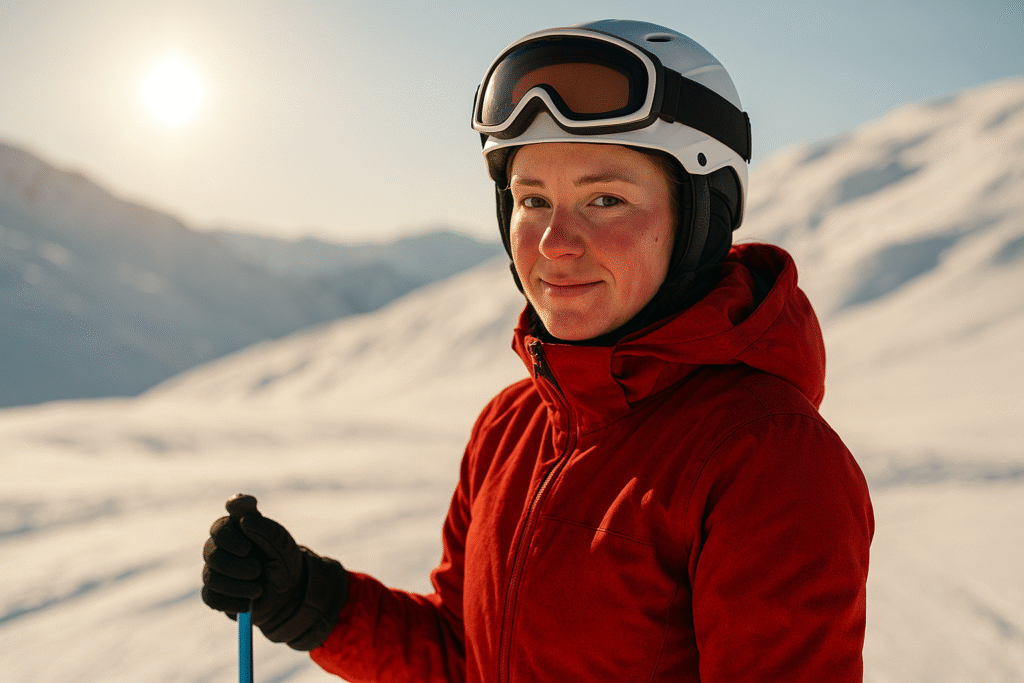 Mujer esquiadora en la nieve con las mejillas enrojecidas y el sol de fondo, ejemplo de la necesidad de fotoprotección en invierno