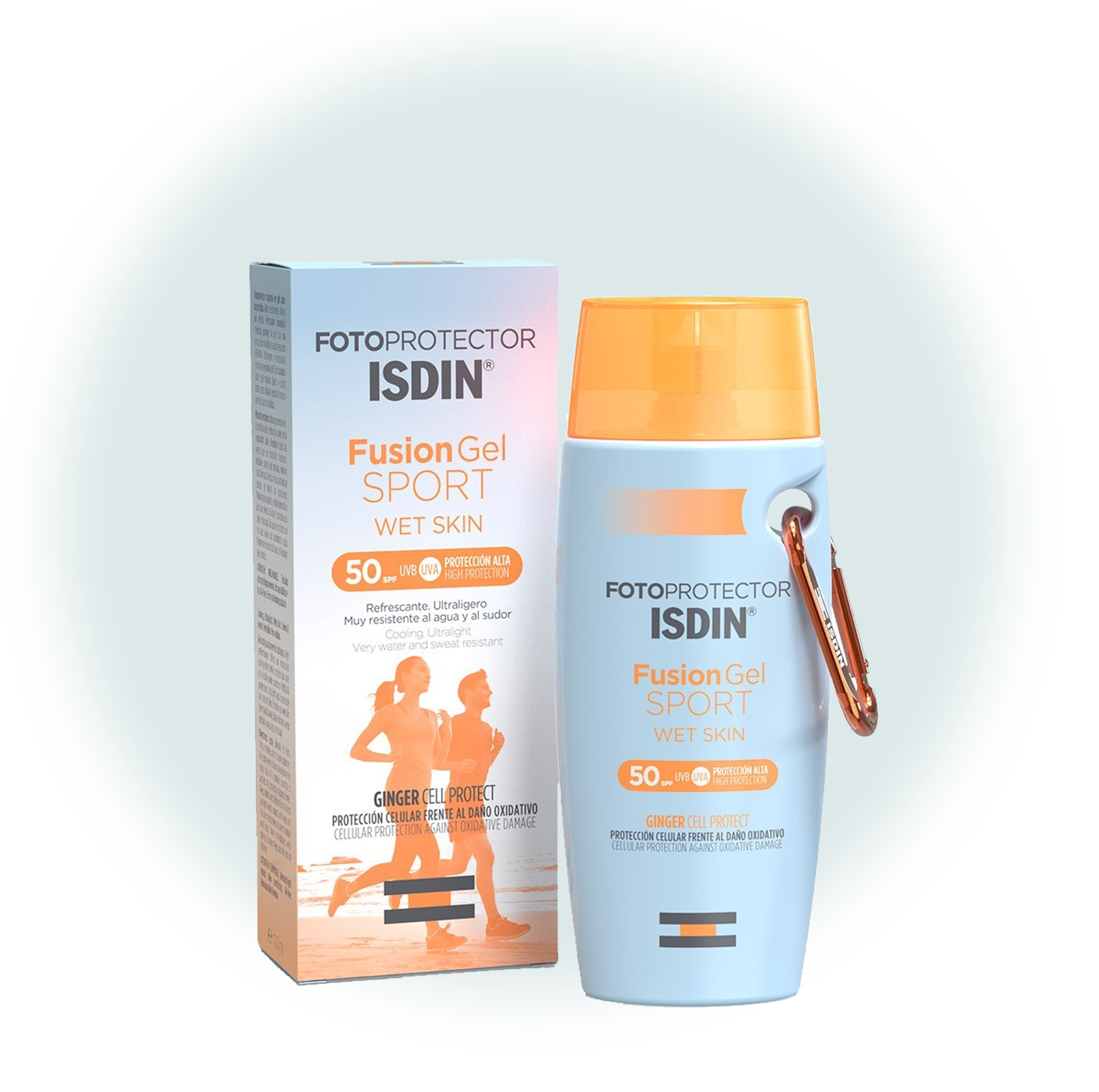 Fotoprotector ISDIN Fusion Gel Sport SPF50 resistente al sudor y al agua.