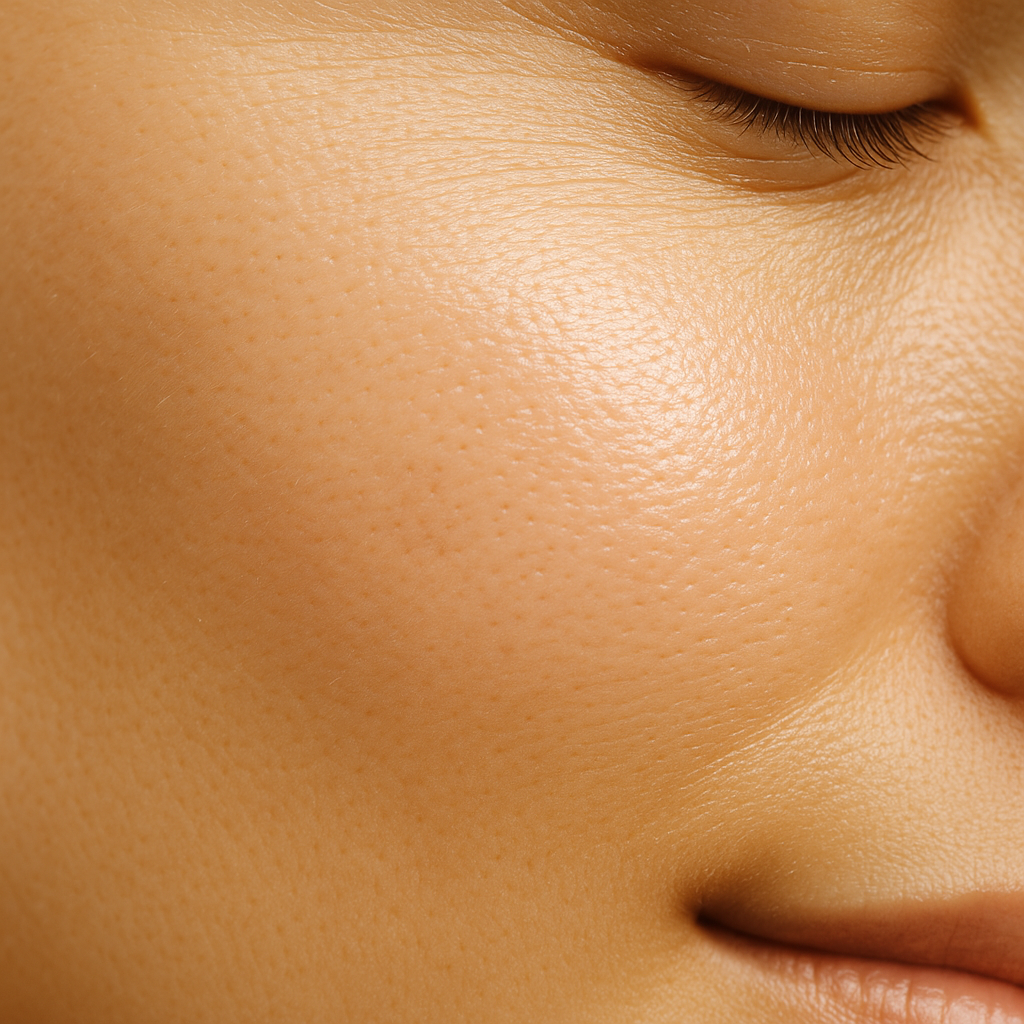 Imagen macro de piel femenina luminosa y uniforme mostrando hidratación y textura saludable bajo luz cálida natural
