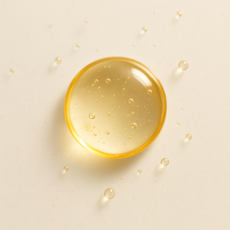 Imagen artística de un líquido transparente con reflejos dorados que simboliza la pureza y actividad de molecular de la vitamina C