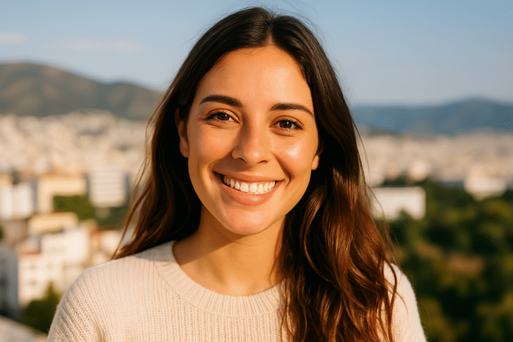 Mujer con piel luminosa sonriendo al sol tras usar vitamina C facial en sérum