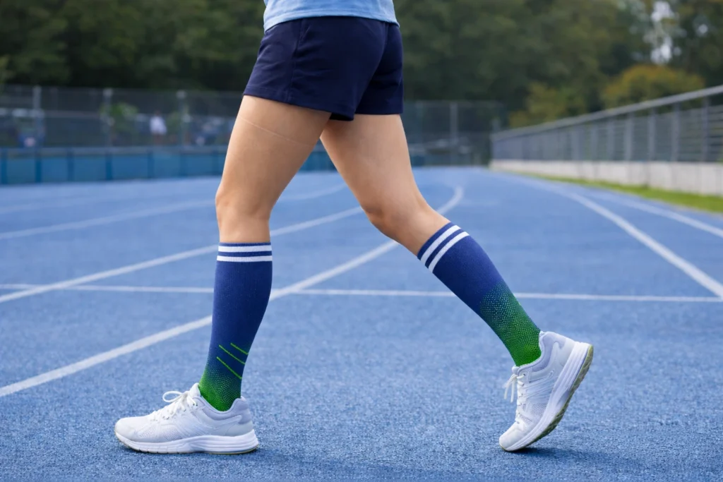 Mujer corriendo en pista con medias de compresión hasta la rodilla y zapatillas deportivas