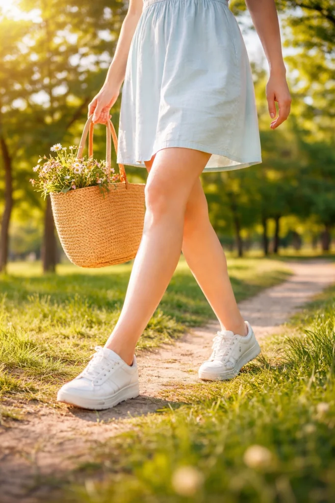 Mujer caminando en un parque como medida útil para aliviar piernas cansadas y síntomas venosos