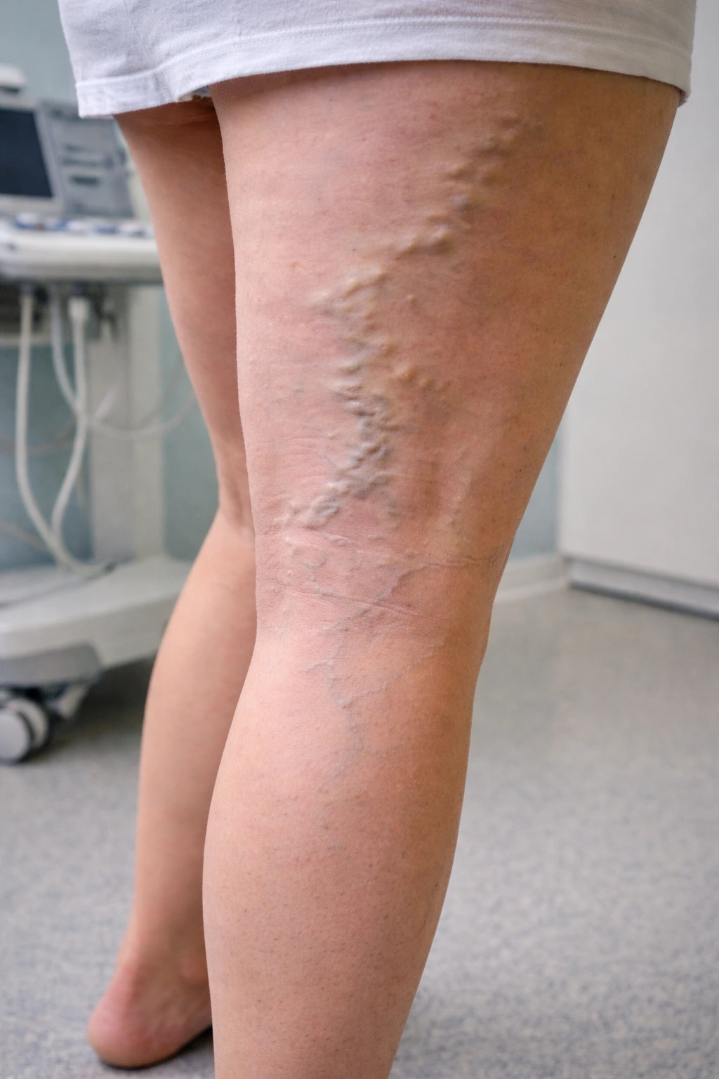 Pierna de mujer con varices tronculares visibles en consulta antes de una exploración ecográfica