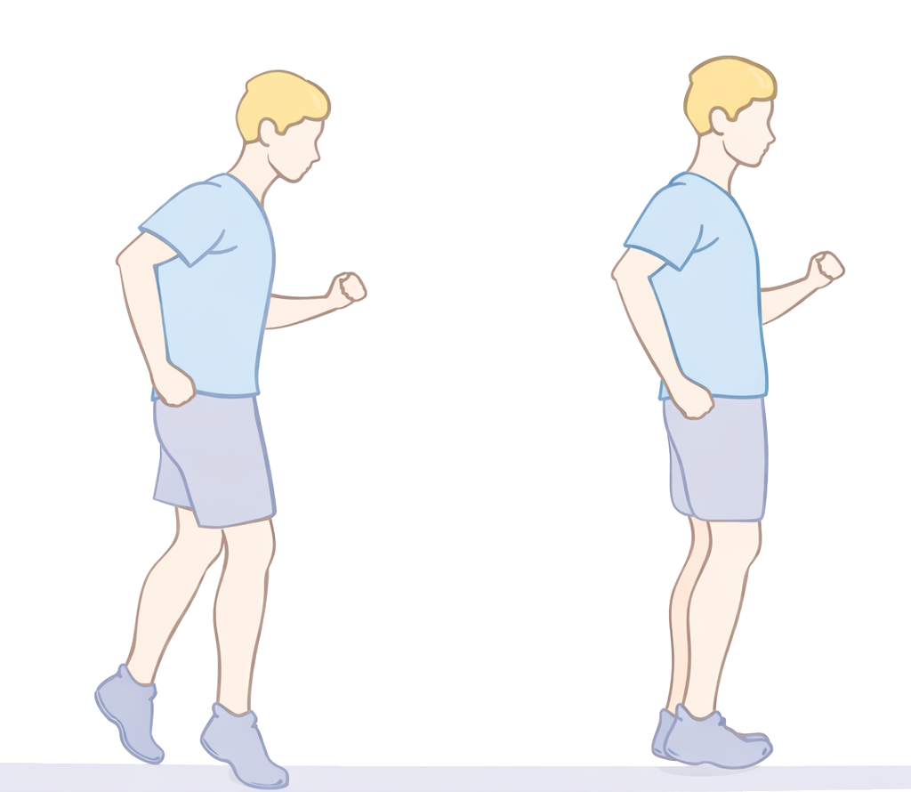 Ilustración comparativa de andar de puntillas y andar de talones para activar gemelos y tibial anterior y favorecer el retorno venoso.