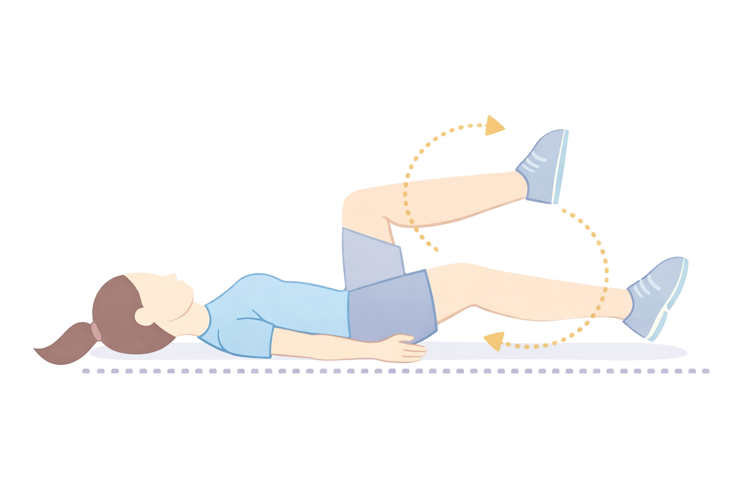 Ilustración del ejercicio de bicicleta en el suelo, con movimiento circular de piernas indicado por flechas, para mejorar la circulación venosa.