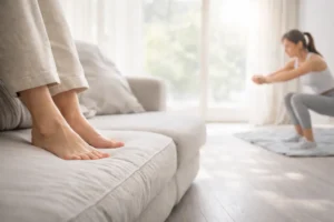 Ejercicios para la circulación de las piernas: pies apoyados en un sofá en un salón luminoso mientras una persona hace sentadillas al fondo.