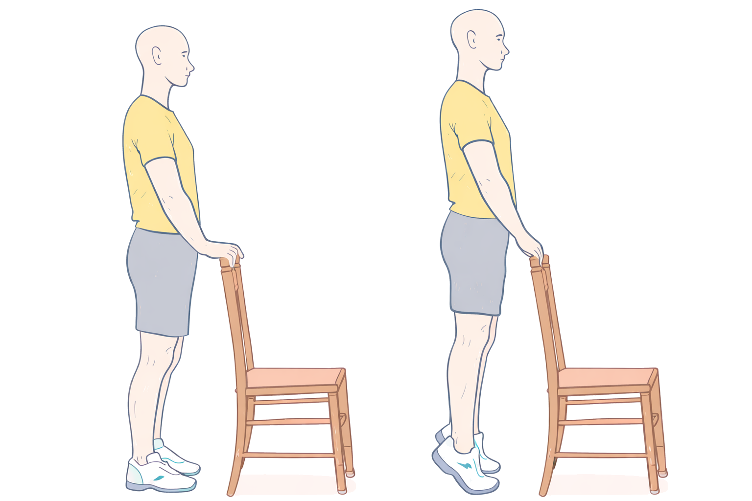 Ilustración de elevación de talones de pie con apoyo en una silla (subida a puntillas) para activar gemelos y mejorar el retorno venoso.